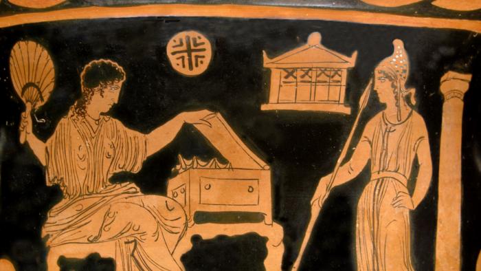 Helena e Paris representados nunha crátera de figuras vermellas datada entre os anos 380-370 a.C. que conserva o Museo do Louvre en París. FOTO: Wikipedia