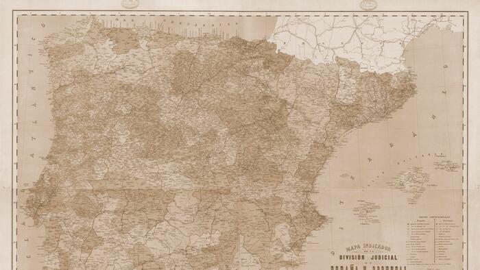 Mapa Indicador da División Xudicial de España e Portugal e Ilas Adxacentes. Fonte: Biblioteca do Instituto Xeográfico Nacional