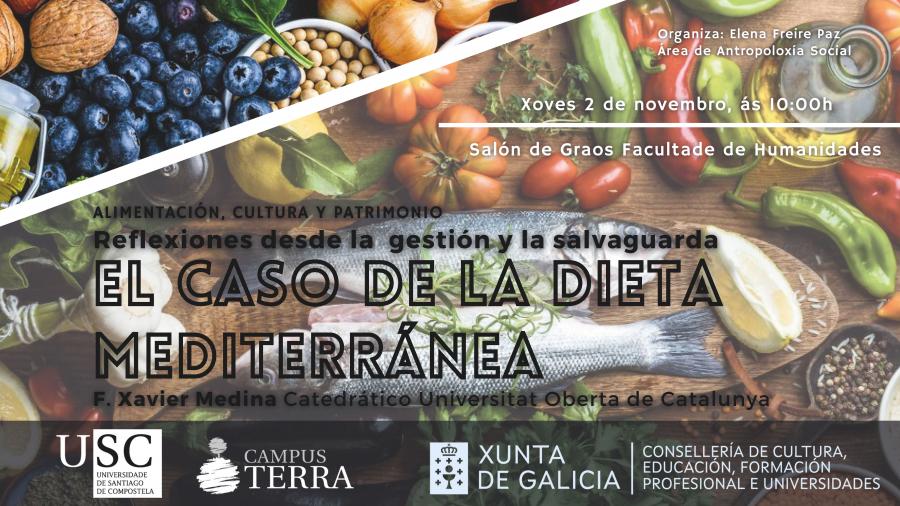 Alimentación, Cultura y Patrimonio. Reflexiones desde la gestión y la salvaguarda. El caso de la dieta mediterránea. Cartaz do curso con alimentos de fondo