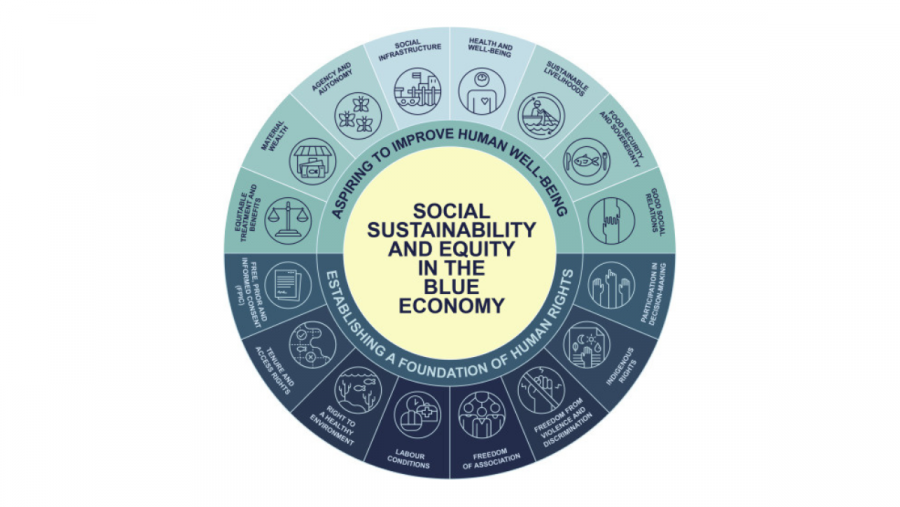 Figura do artigo. Promover a sustentabilidade social e a equidade na economía azul establecendo unha base de dereitos humanos e aspirando a mellorar o benestar humano Figura do artigo. Promover a sustentabilidade social e a equidade na economía azul establecendo unha base de dereitos humanos e aspirando a mellorar o benestar humano