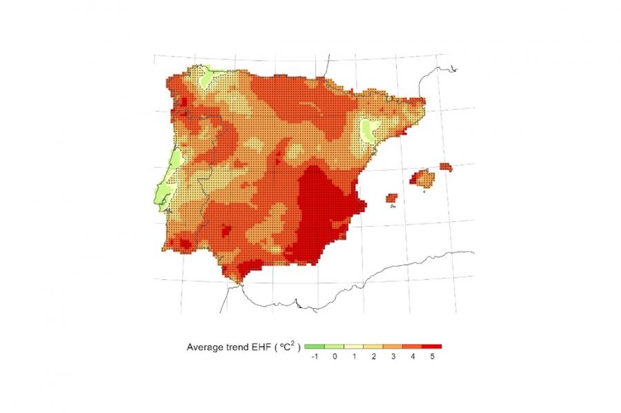 Tendencia media da intensidade dos eventos con EHF positivo para o periodo 1950-2020