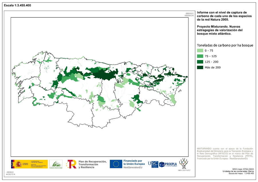 Concentración en toneladas de carbono por hectárea de bosque para os diferentes espazos protexidos polos seus valores ambientais. Concentración en toneladas de carbono por hectárea de bosque para os diferentes espazos protexidos polos seus valores ambientais.