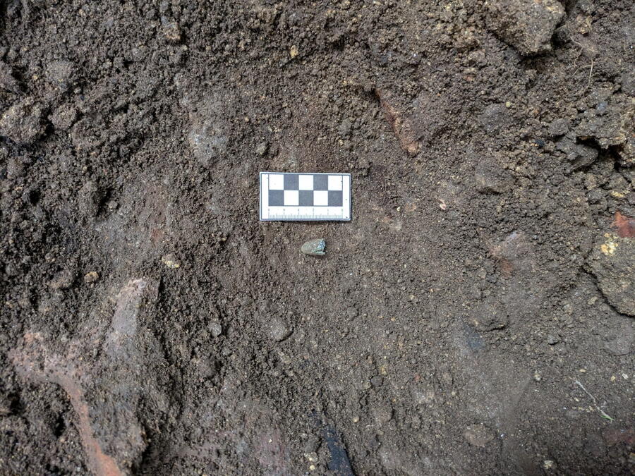 Posible proxectil atopado na escavación. Foto: Tempos Arqueólogos