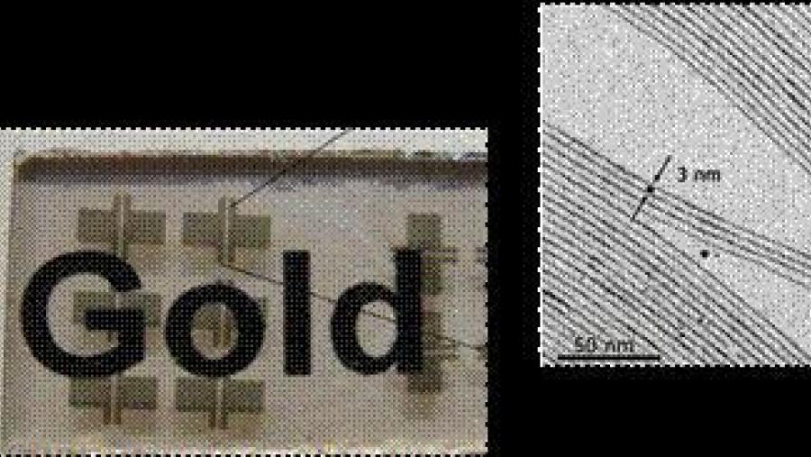 Imaxe dun substrato de vidro recuberto de nanofíos de ouro e detalle (imaxe TEM) dos nanofíos de ouro Imaxe dun substrato de vidro recuberto de nanofíos de ouro e detalle (imaxe TEM) dos nanofíos de ouro