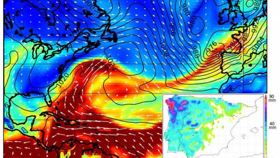 Mostra dun río atmosférico chegando ás costas de Galicia procedente do Golfo de México e representación das precipitacións extremas acumuladas en 24 horas na Península Ibérica. Mostra dun río atmosférico chegando ás costas de Galicia procedente do Golfo de México e representación das precipitacións extremas acumuladas en 24 horas na Península Ibérica.