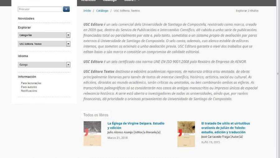 Captura de pantalla da web de USC Editora Captura de pantalla da web de USC Editora