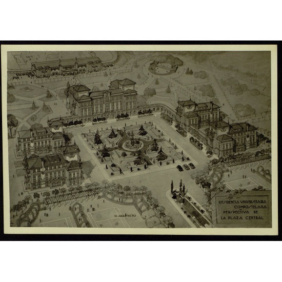 Fondo Universitario. Perspectiva da praza central dos Colexios Maiores. Deseño de Jenaro de la Fuente.