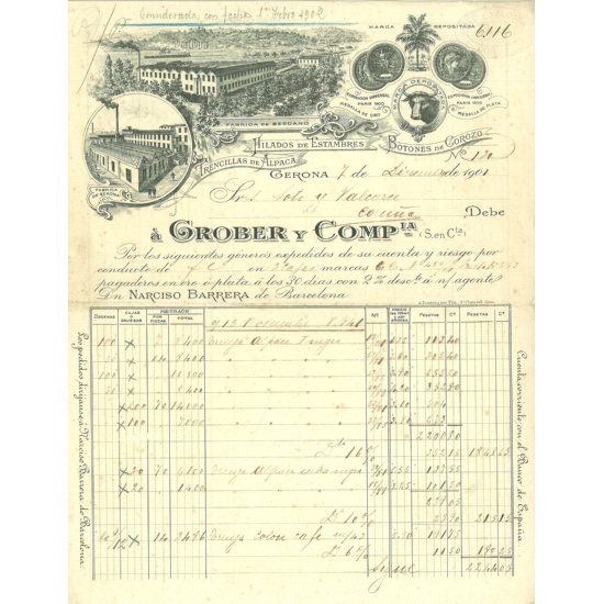 Factura de Grober & Cia á empresa Valcarce (1901)