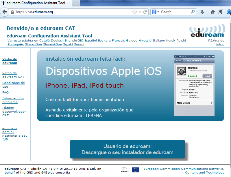 Páxina de benvida a Eduroam CAT