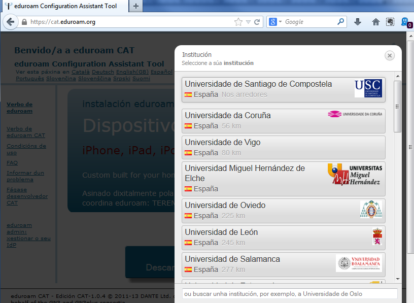 Selección da institución en Eduroam CAT