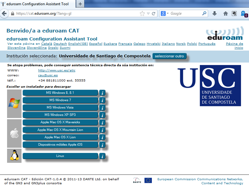 Selección do sistema operativo en Eduroam CAT