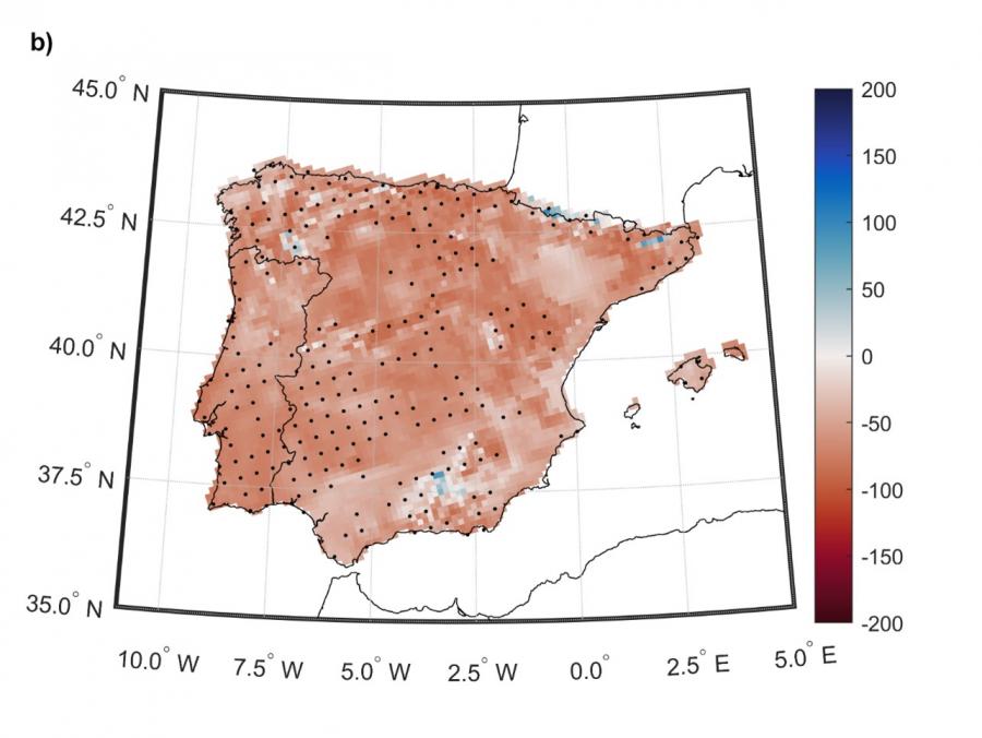 Os eventos extremos diminuirán en magnitude para o conxunto da Península Ibérica e Baleares, entre un 43% (RCP 4.5) e un 54% (RCP 8.5)