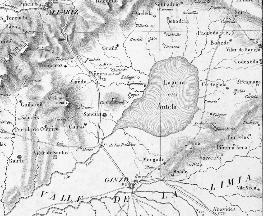 A lagoa de Antela no mapa de Domingo Fontán, elaborado en 1837 e publicado en 1845