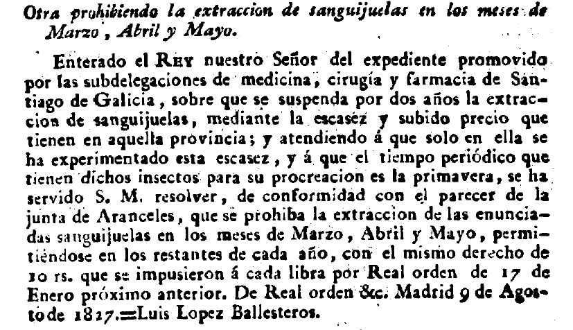 Establecemento do período de veda nas primaveras de 1827 e 1828 na 'Gaceta de Madrid'