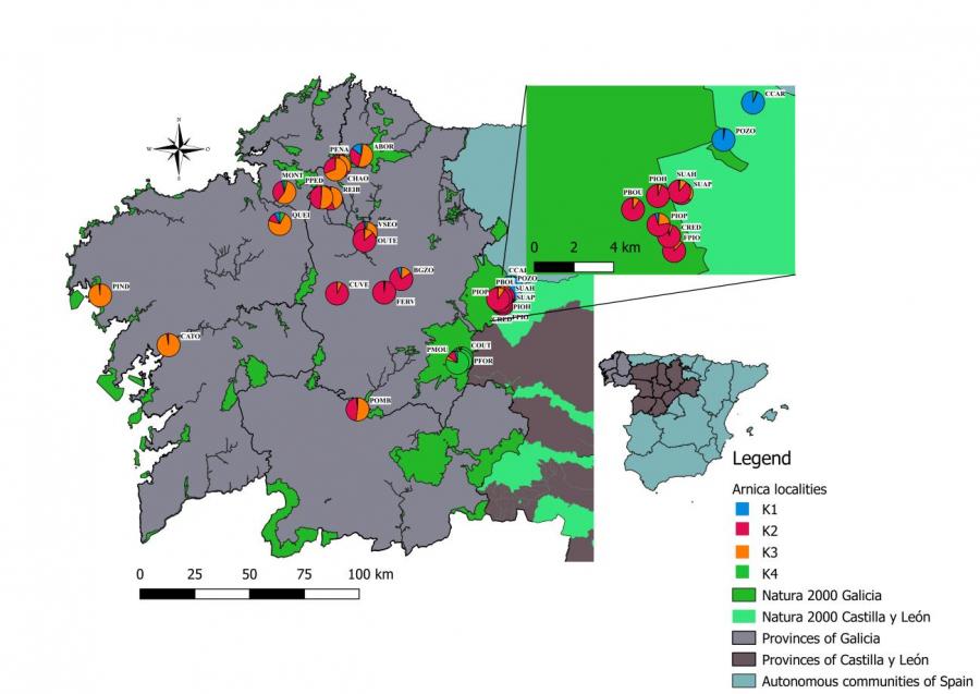 Mapa de Galicia con localizacións de poboacións de árnica