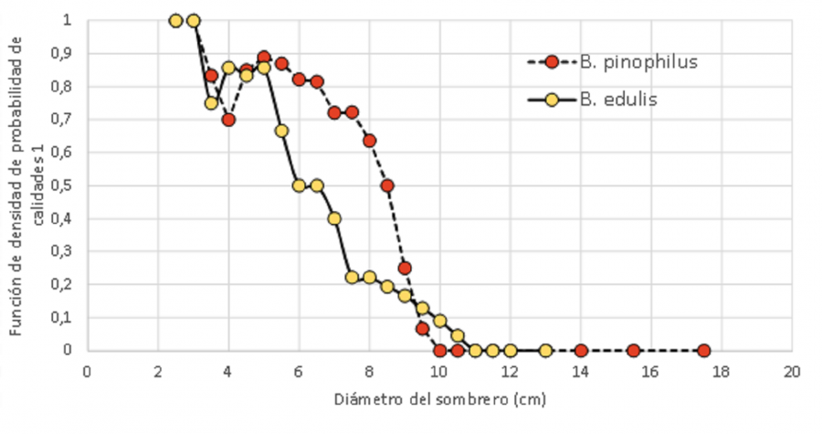 Gráfica de densidade de probabilidade de calidaden relación coa dimensión do sombreiro dos cogomelos