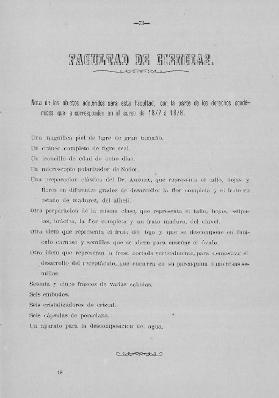 Nota dos obxectos adquiridos pola Facultade de Ciencias no Discurso de apertura do curso académico 1879-1880