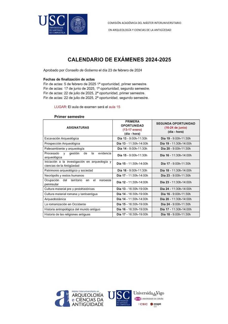 Calendario de exámenes primer semestre curso 24-25