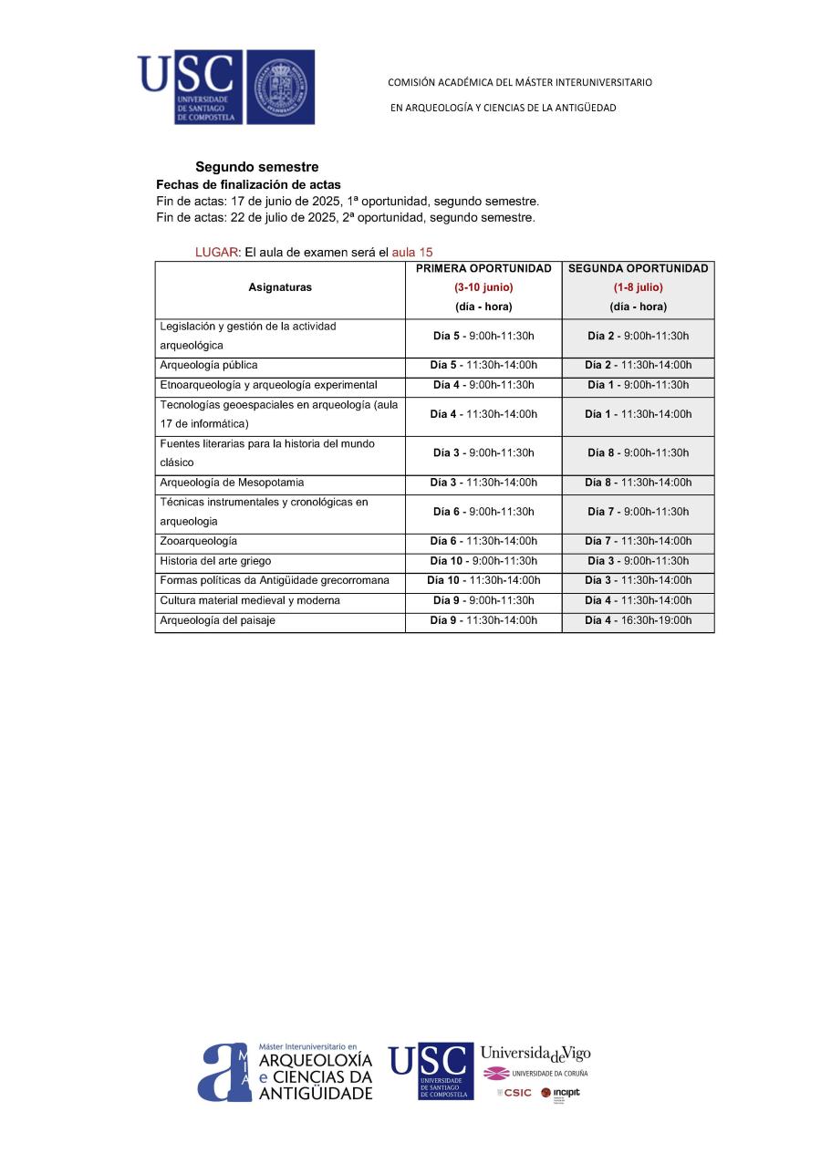 Calendario de exámenes segundo semestre curso 24-25