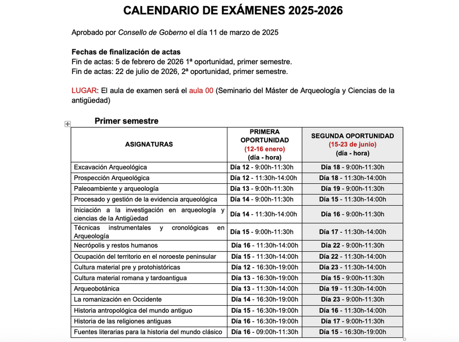 Calendario examenes 1º semestre 25-26