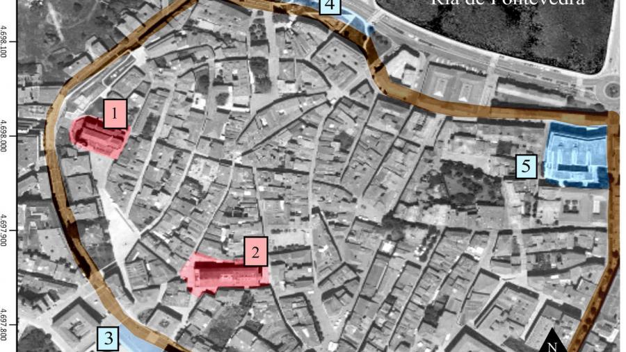 Lugares da cidade de Pontevedra onde se obtiveron as pezas dentais: Santa María (nº1), San Bartolomeu (nº2), Praza de España (nº3), Ponte do Burgo (nº4) e Ampliación do Museo de Pontevedra (nº5)