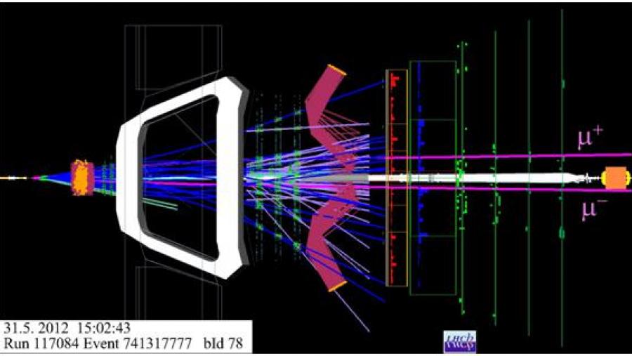 Imaxe dun candidato a Bs → µ+µ-, reconstruído polo experimento LHCb