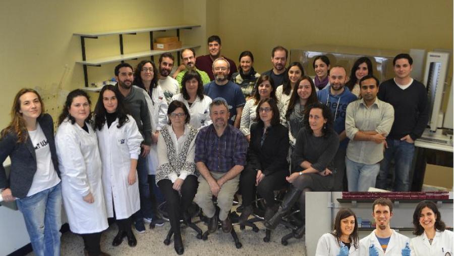 Paulino Martínez, no centro, co resto de integrantes do grupo Acuigen da USC, no campus de Lugo. Na imaxe superposta, os tres integrantes do grupo que traballan en Santiago