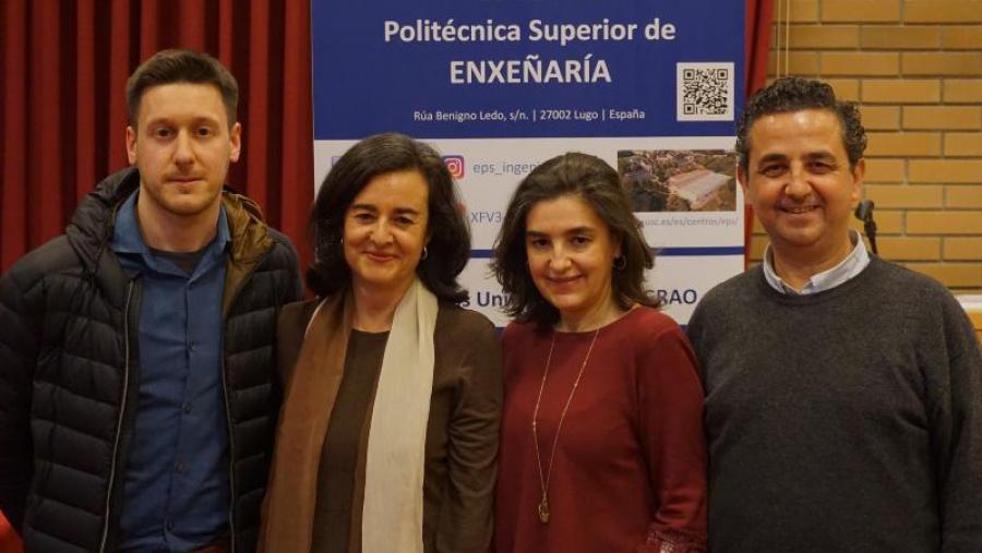 De esquerda a dereita, Marcos Arza, Mariluz Gil Docampo, Teresa Rego e Juan Ortiz, na EPS de Enxeñaría da USC. (Foto Cigeo)